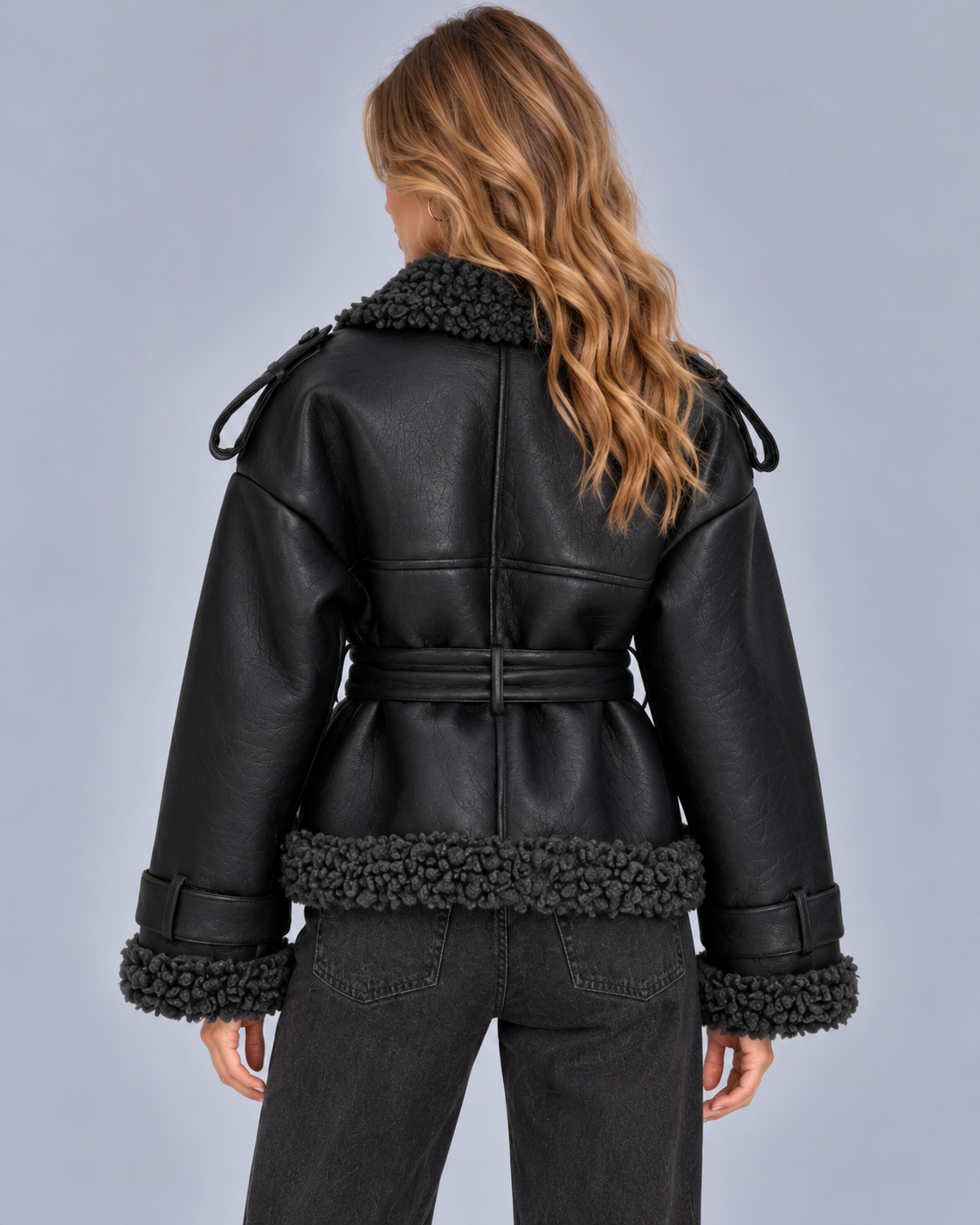 Cropped Leather Shearling Trench Coat | Jacket with Buck Belt and Dropped Shoulder