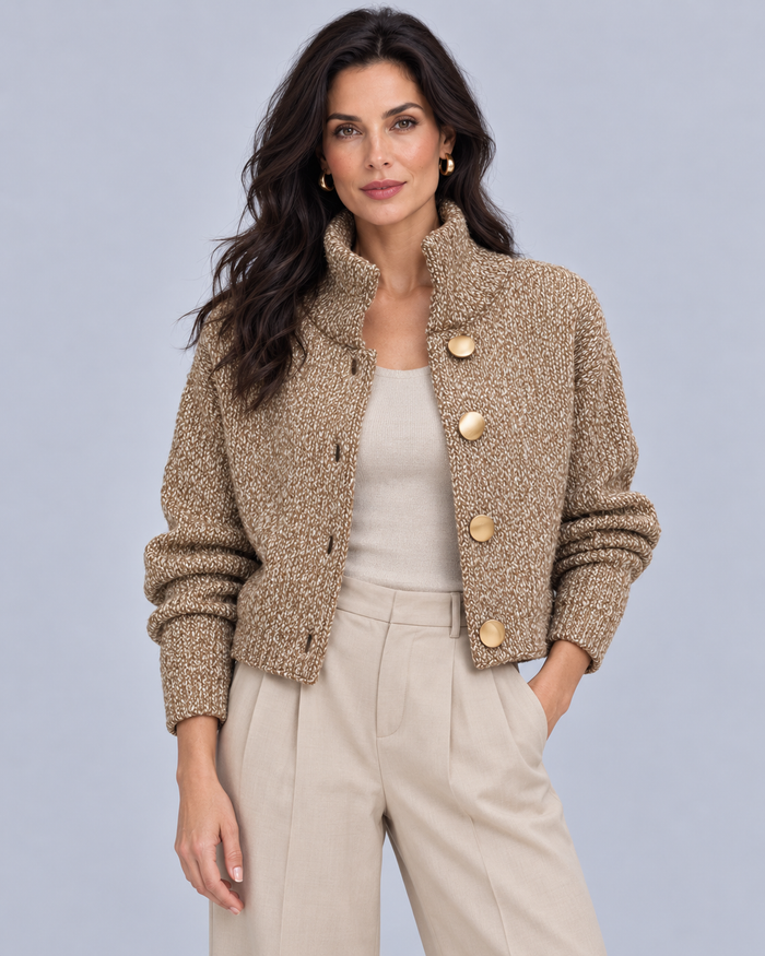Women's Textured Knit Jacket | Tailored Coat with High Collar