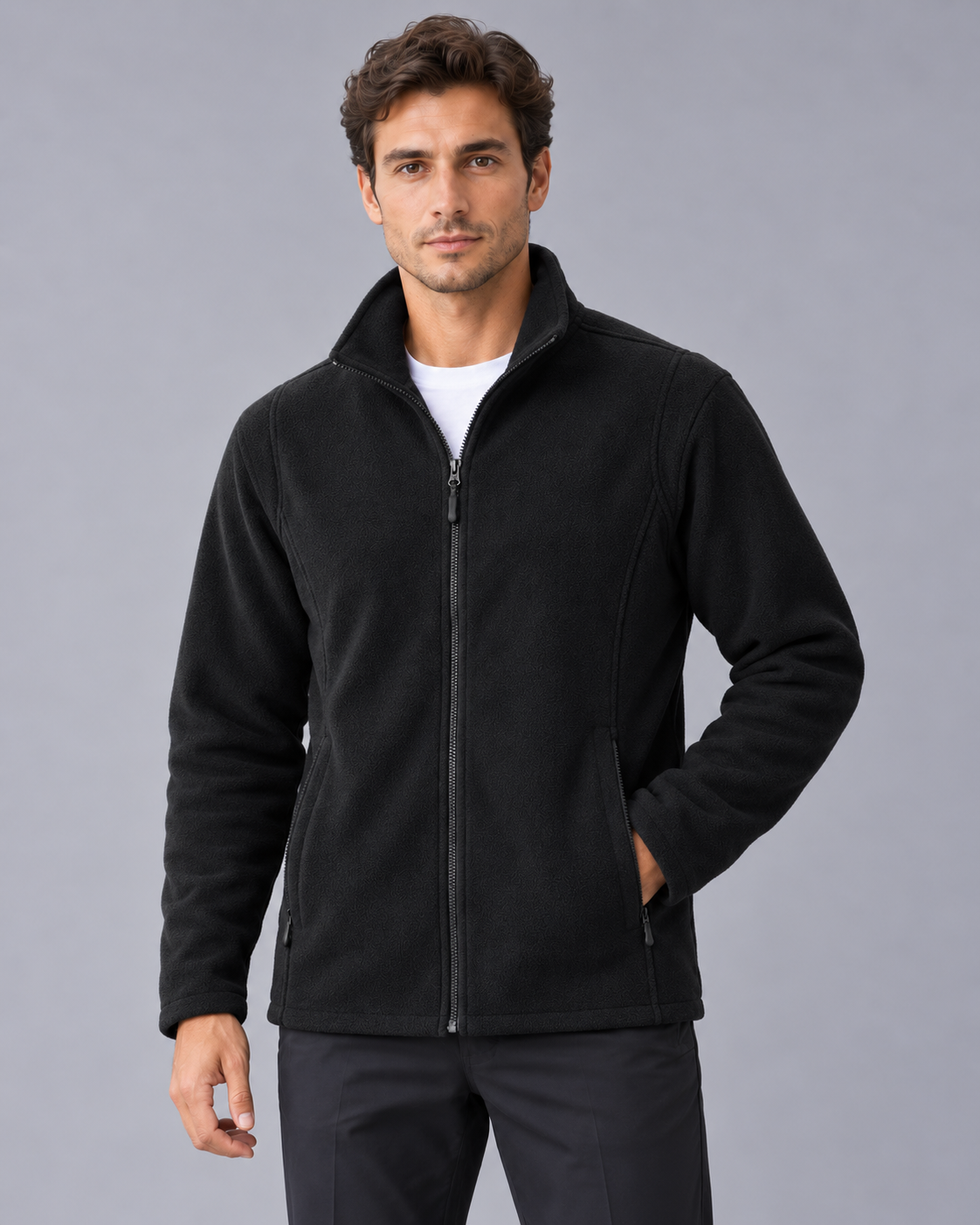 Men's Full Zip Polar Fleece Jacket | Two-Way Zip with Stand Collar