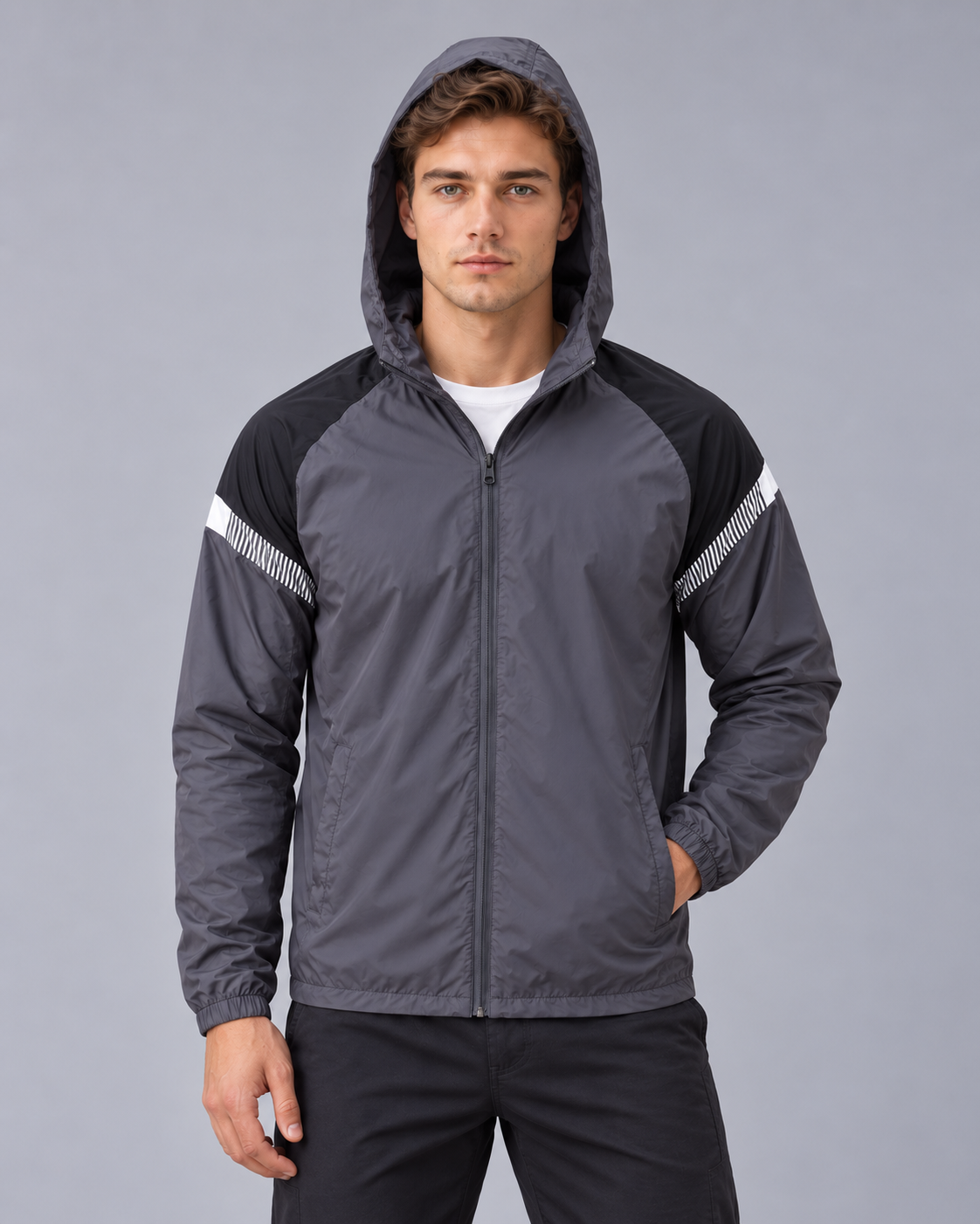 Men's Hooded Windbreaker Jacket | Full Zip with Contrast Shoulder Panels