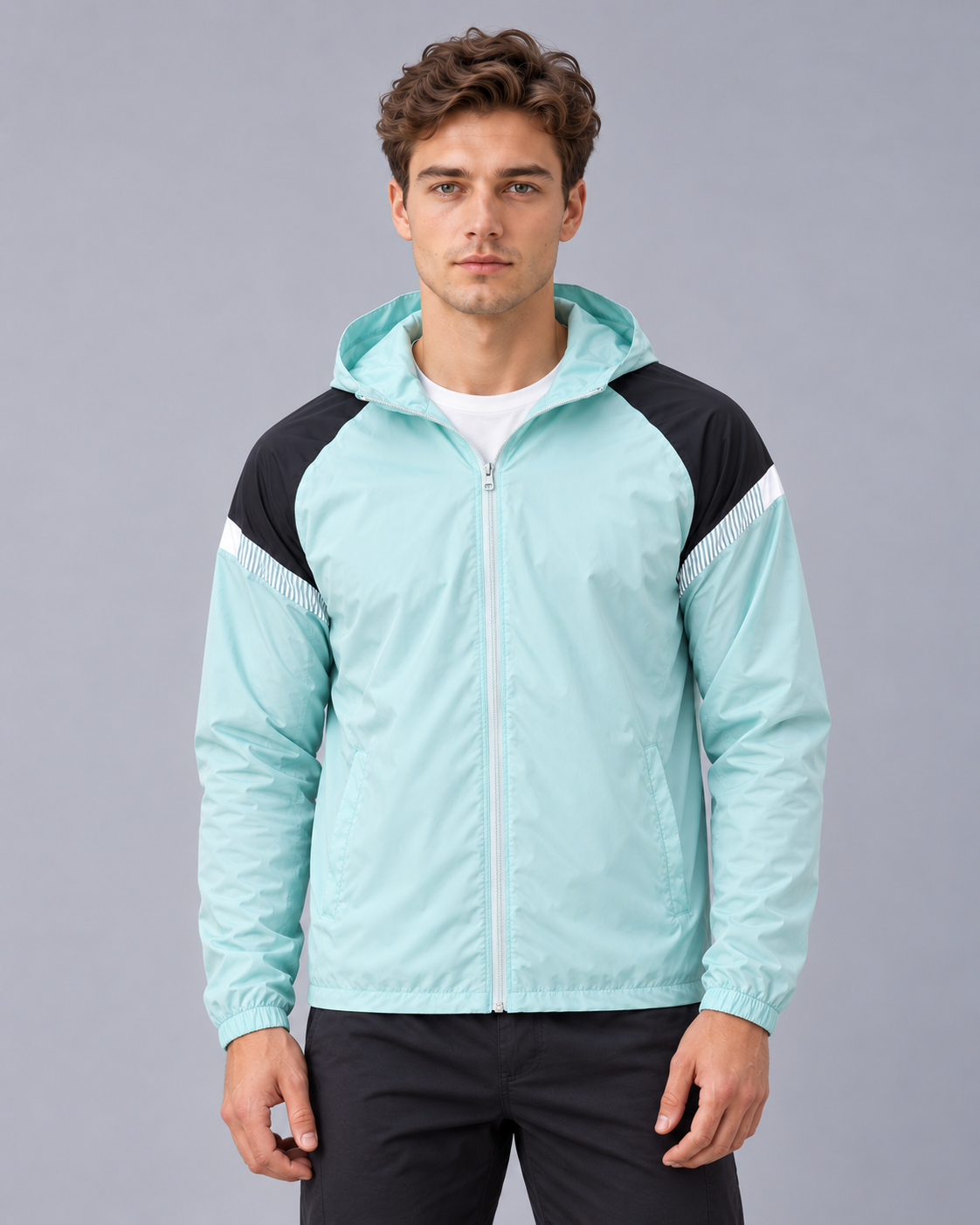 Men's Hooded Windbreaker Jacket | Full Zip with Contrast Shoulder Panels