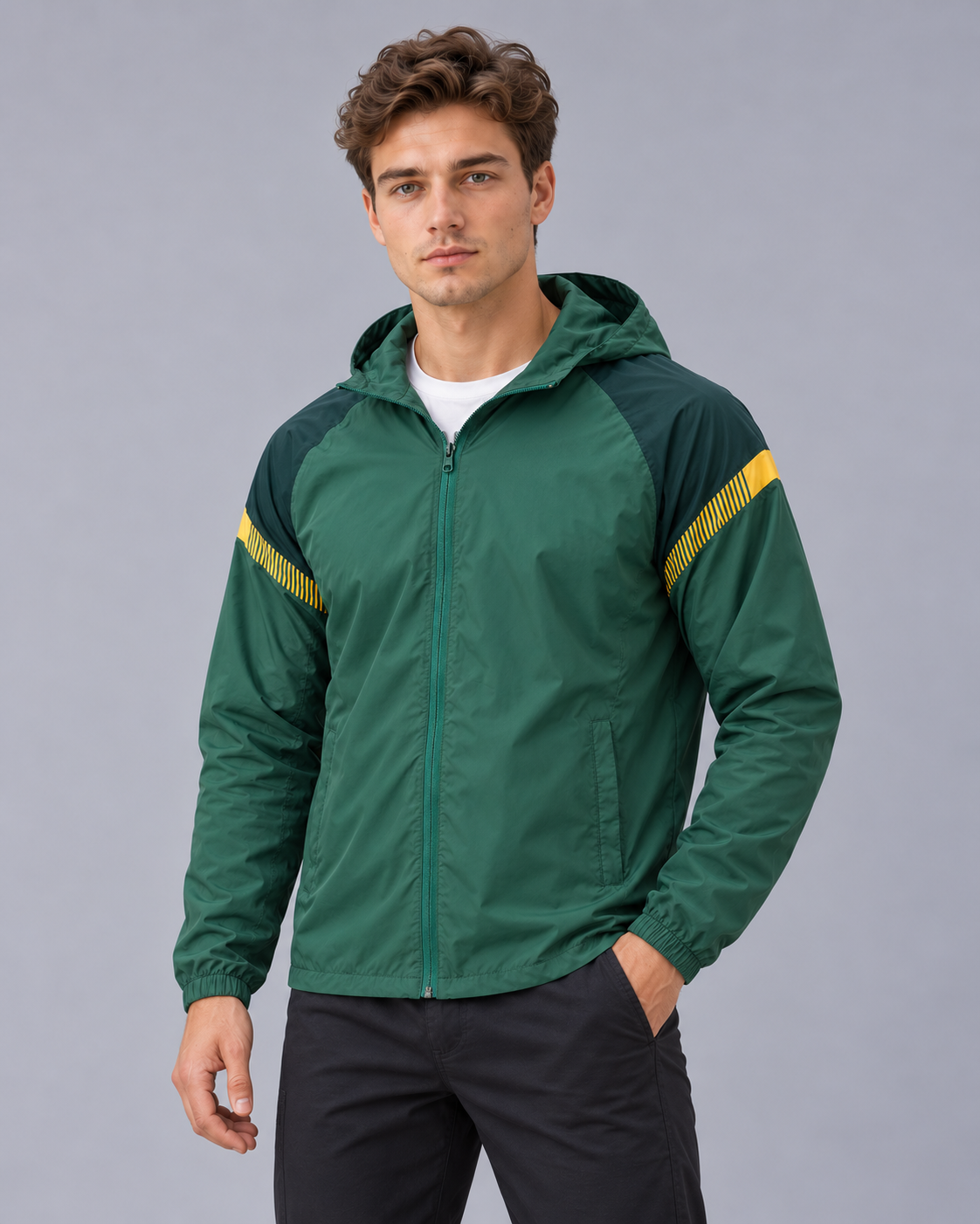 Men's Hooded Windbreaker Jacket | Full Zip with Contrast Shoulder Panels