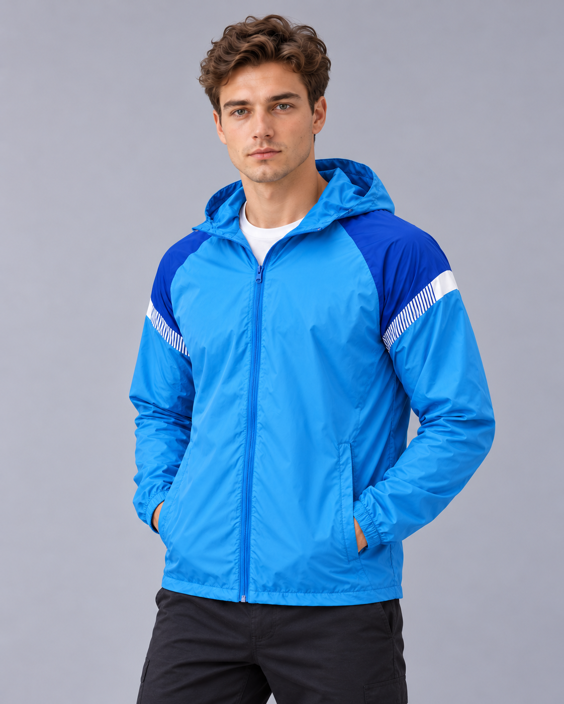 Men's Hooded Windbreaker Jacket | Full Zip with Contrast Shoulder Panels