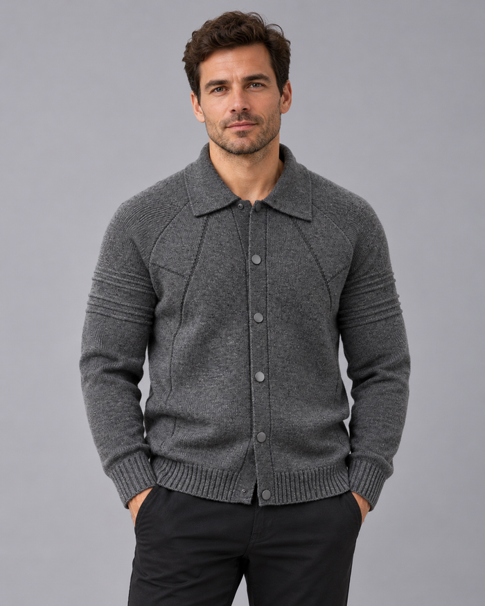 Men's Collared Knittted Cardigan with Snap-Button Front and Raglan Sleeves