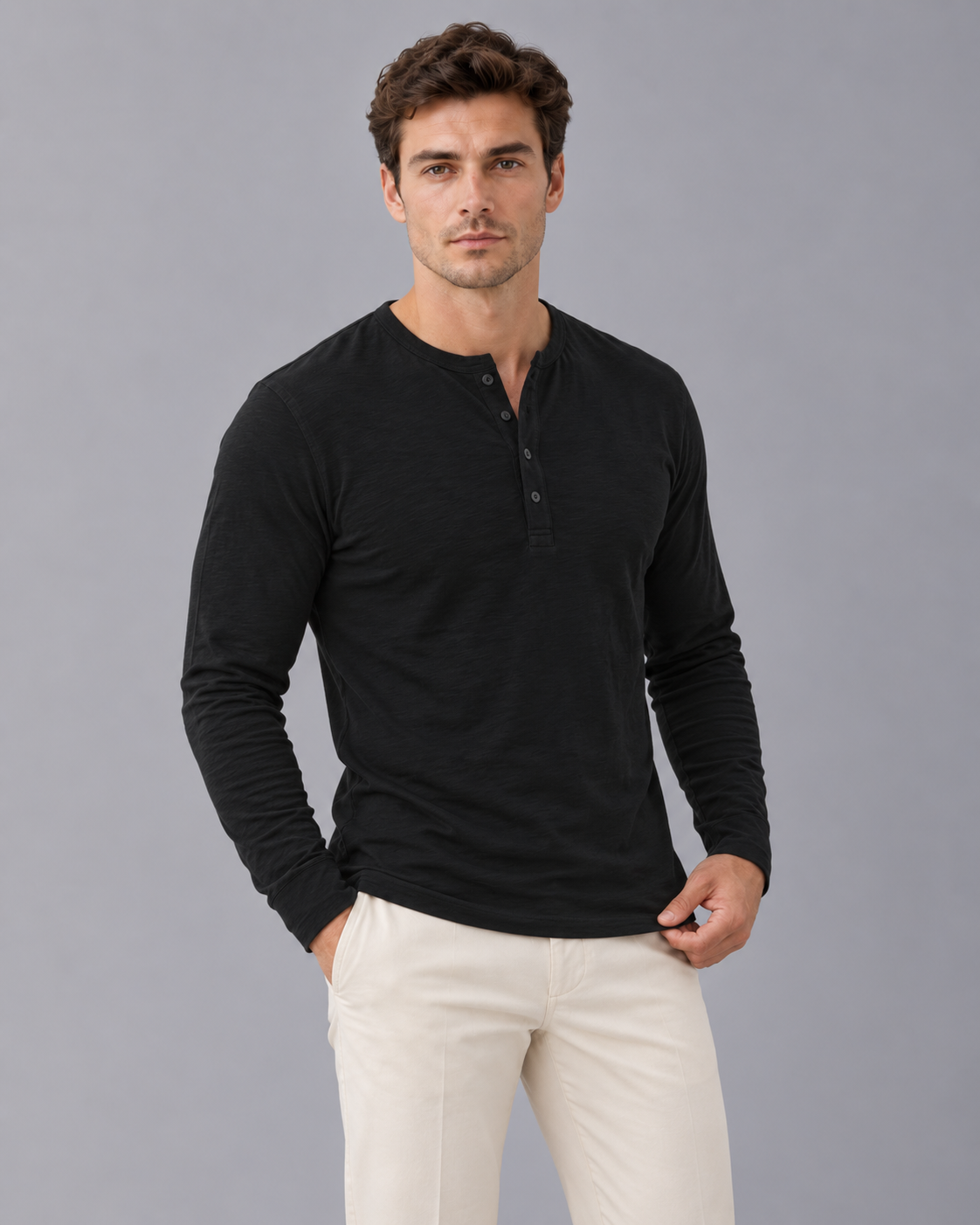 Men's Cotton Blend Long Sleeve Henley | Three-Button Placket with Slim Fit