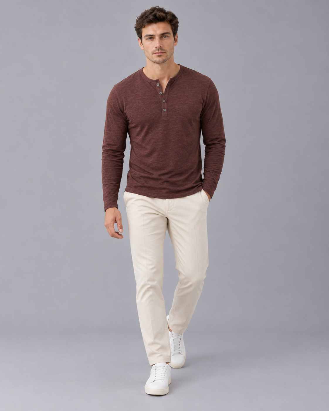 Men's Cotton Blend Long Sleeve Henley | Three-Button Placket with Slim Fit