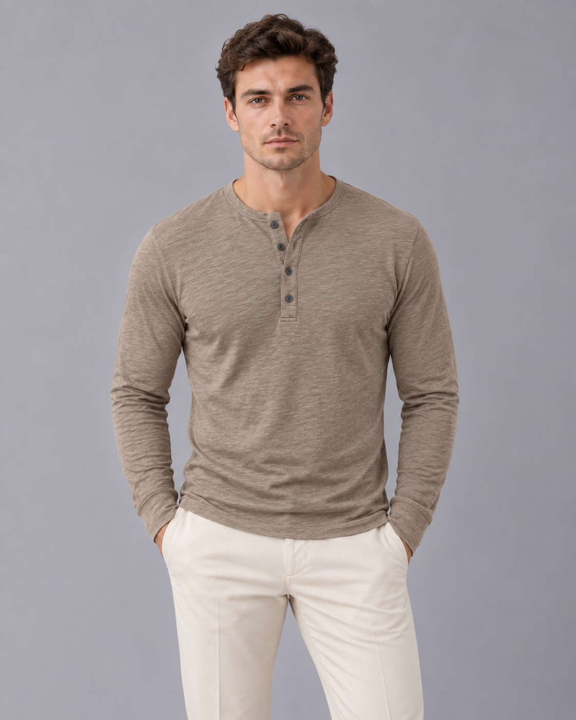 Men's Cotton Blend Long Sleeve Henley | Three-Button Placket with Slim Fit