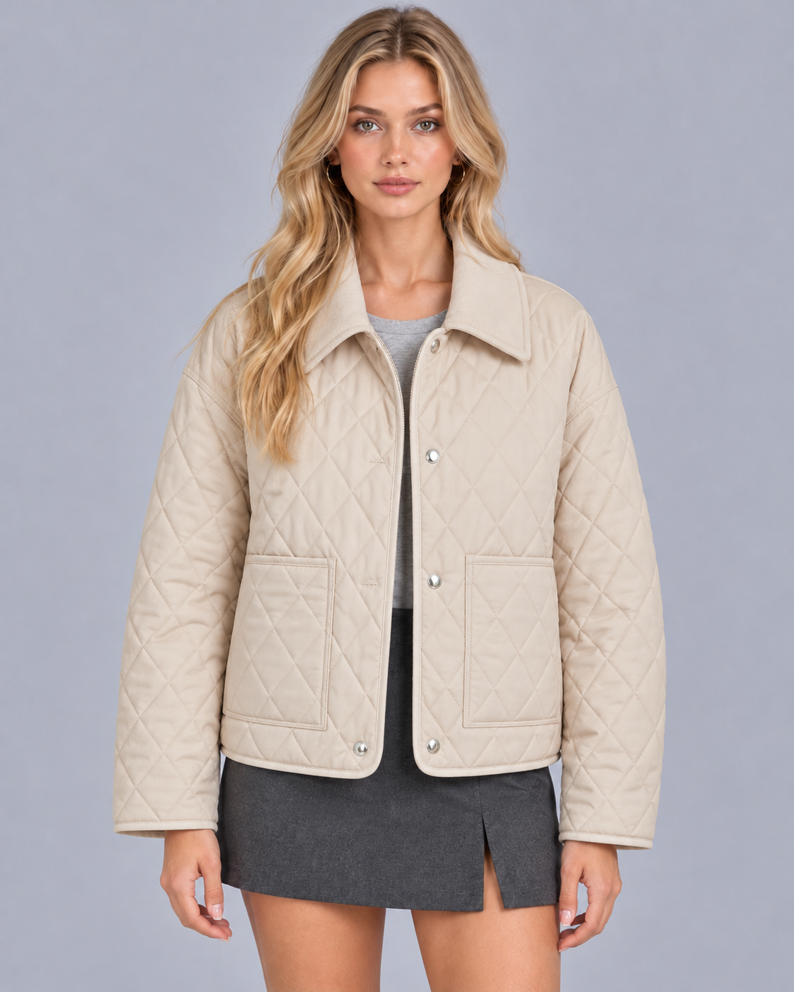 Women's Lightweight Diamond Quilted Jacket | Collared Snap-Button Jacket