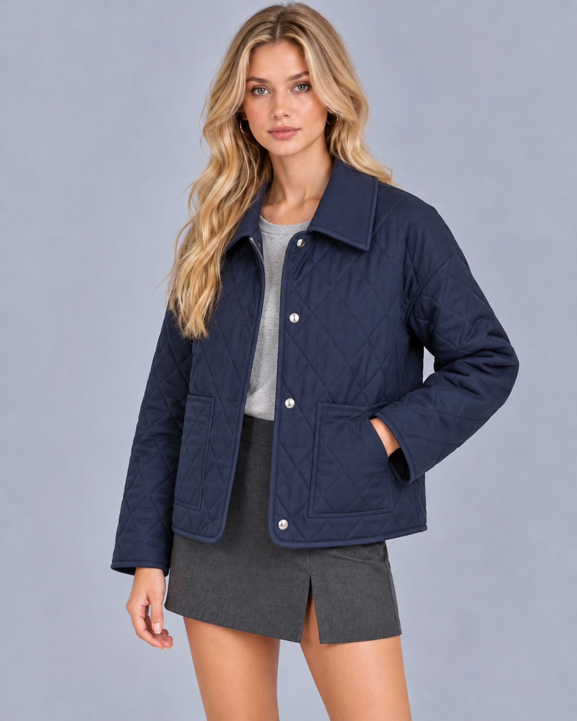 Women's Lightweight Diamond Quilted Jacket | Collared Snap-Button Jacket