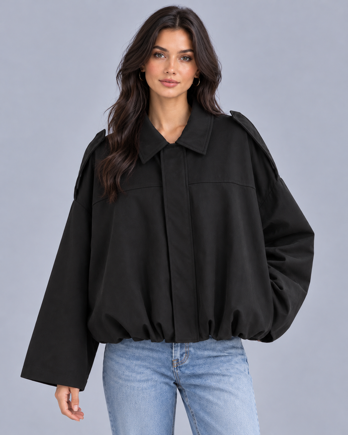 Women's Oversized Cropped Bomber Jacket | Pointed Collar & Gathered Hem