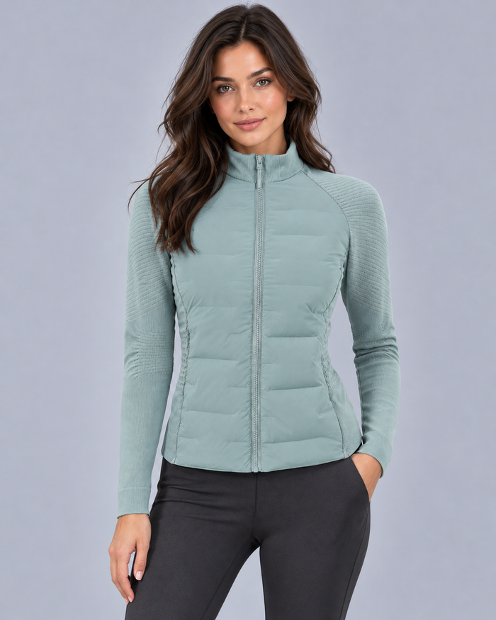 Women's Hybrid Down Jacket | Fitted Zip-Up Puffer Jacket with Knitted Sleeves & Stand Collar
