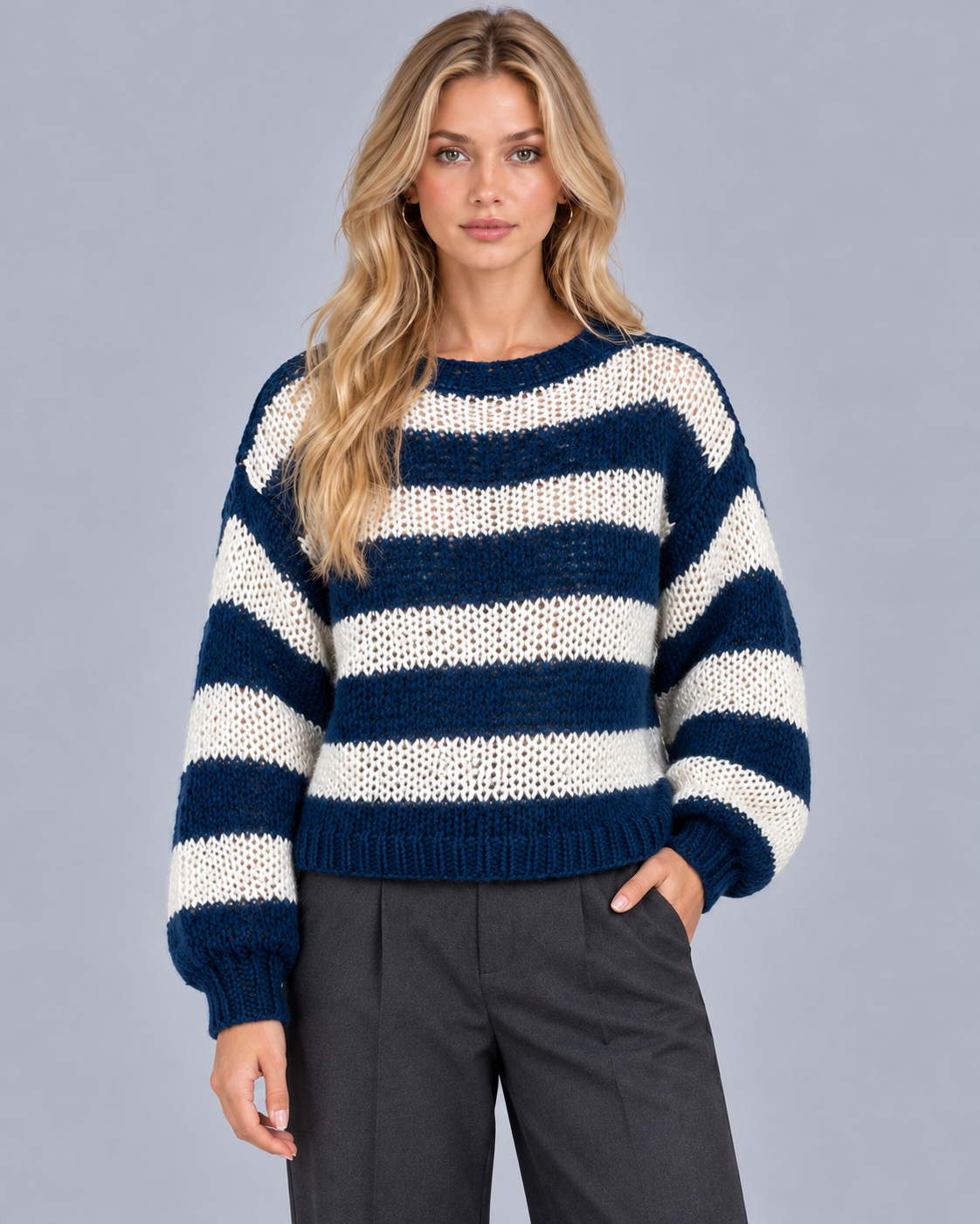 Women's Striped Open Knit Jumper | Relaxed Fit Crew Neck Sweater with Ribbed Cuffs