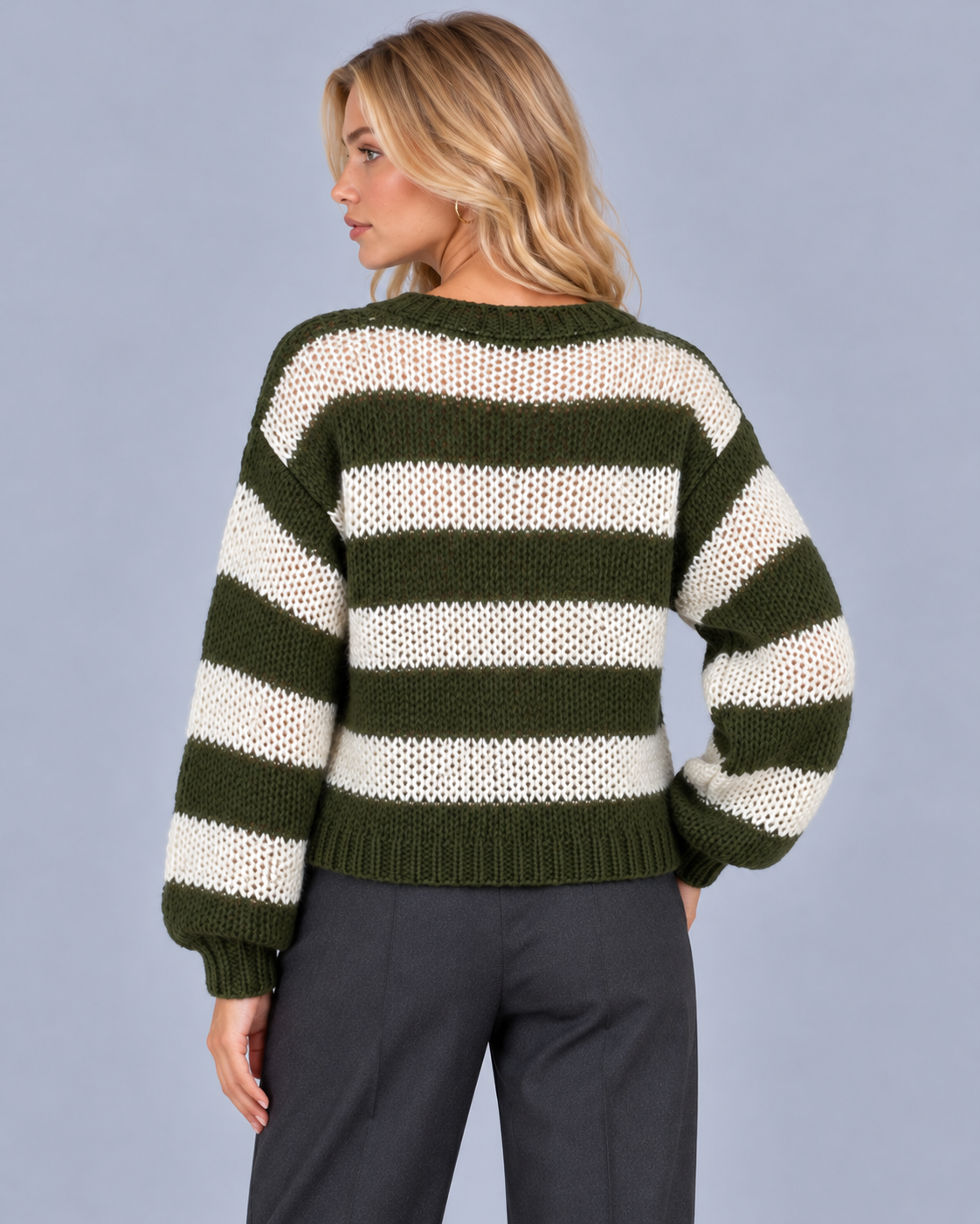 Women's Striped Open Knit Jumper | Relaxed Fit Crew Neck Sweater with Ribbed Cuffs