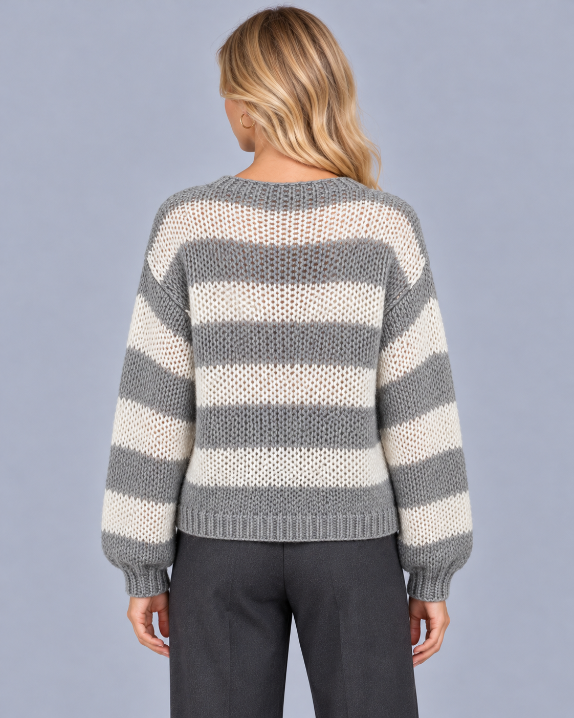 Women's Striped Open Knit Jumper | Relaxed Fit Crew Neck Sweater with Ribbed Cuffs