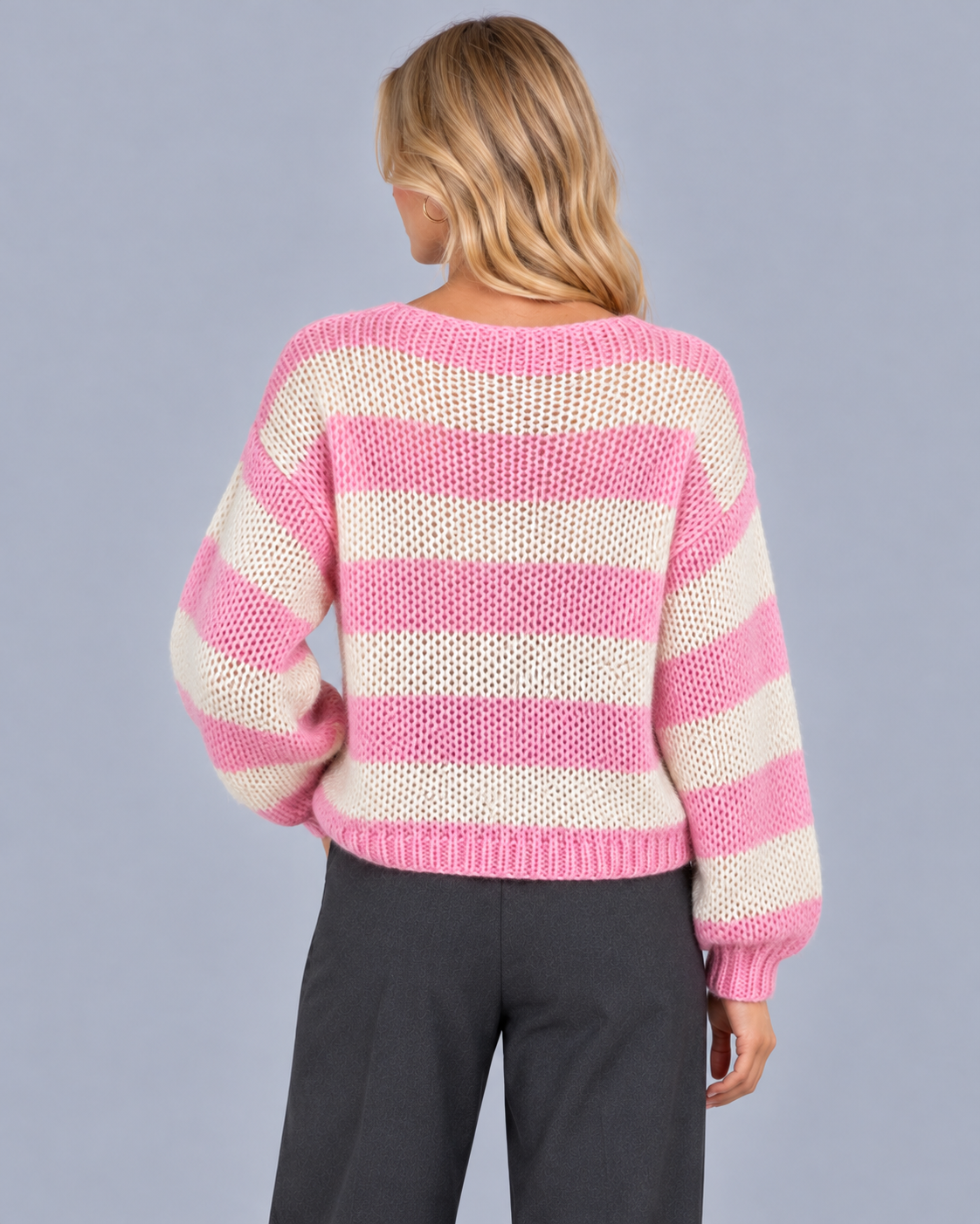 Women's Striped Open Knit Jumper | Relaxed Fit Crew Neck Sweater with Ribbed Cuffs