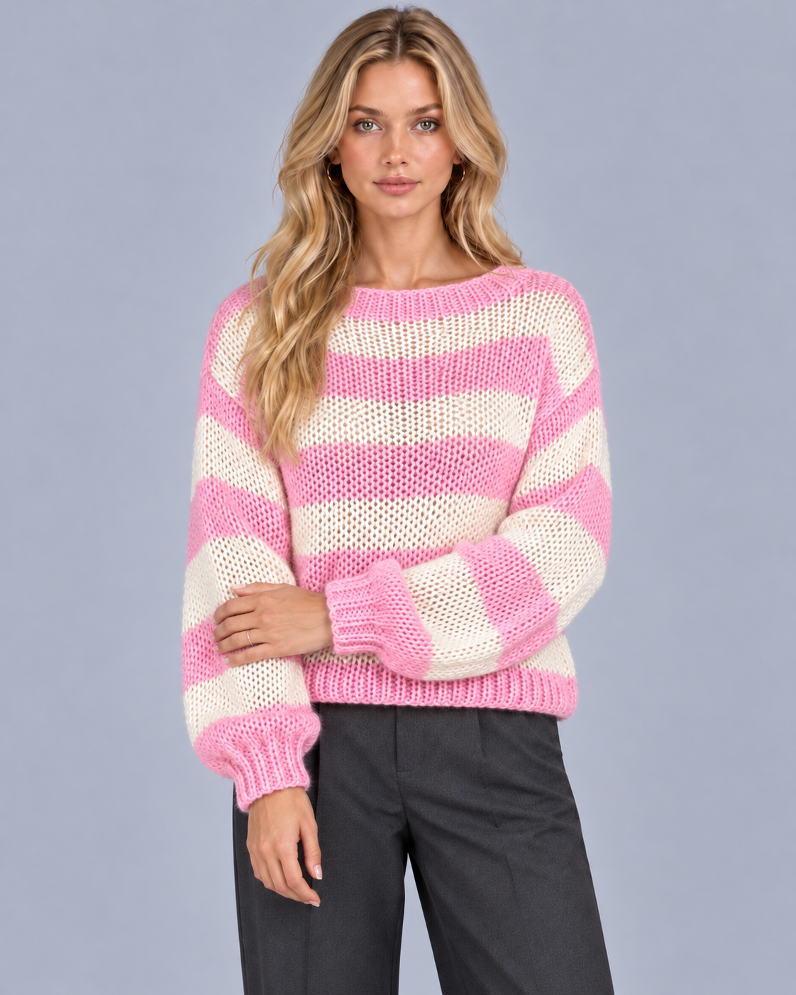 Women's Striped Open Knit Jumper | Relaxed Fit Crew Neck Sweater with Ribbed Cuffs