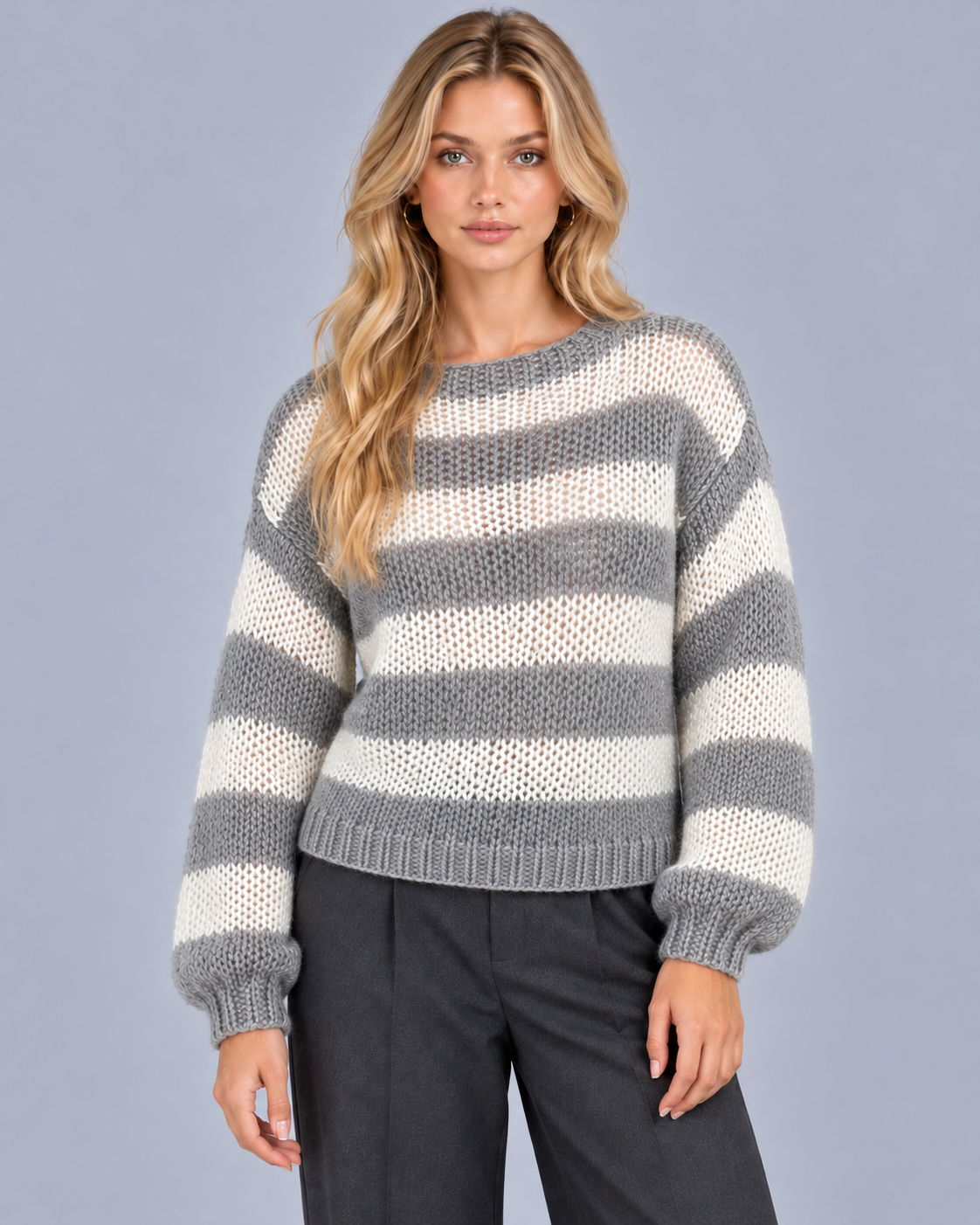 Women's Striped Open Knit Jumper | Relaxed Fit Crew Neck Sweater with Ribbed Cuffs
