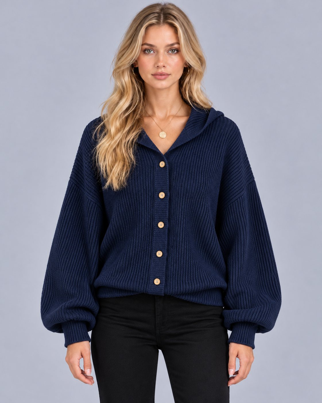 Women's Hooded Ribbed Knit Cardigan | Cotton-Blend Button-Up Cardigan with Balloon Sleeves