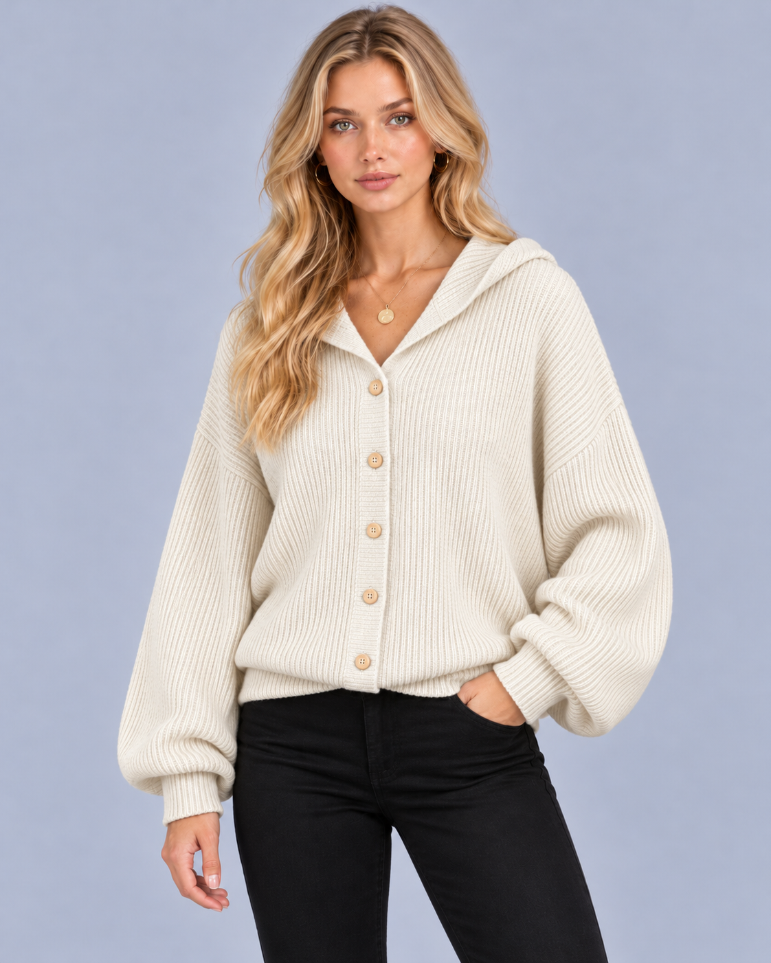 Women's Hooded Ribbed Knit Cardigan | Cotton-Blend Button-Up Cardigan with Balloon Sleeves