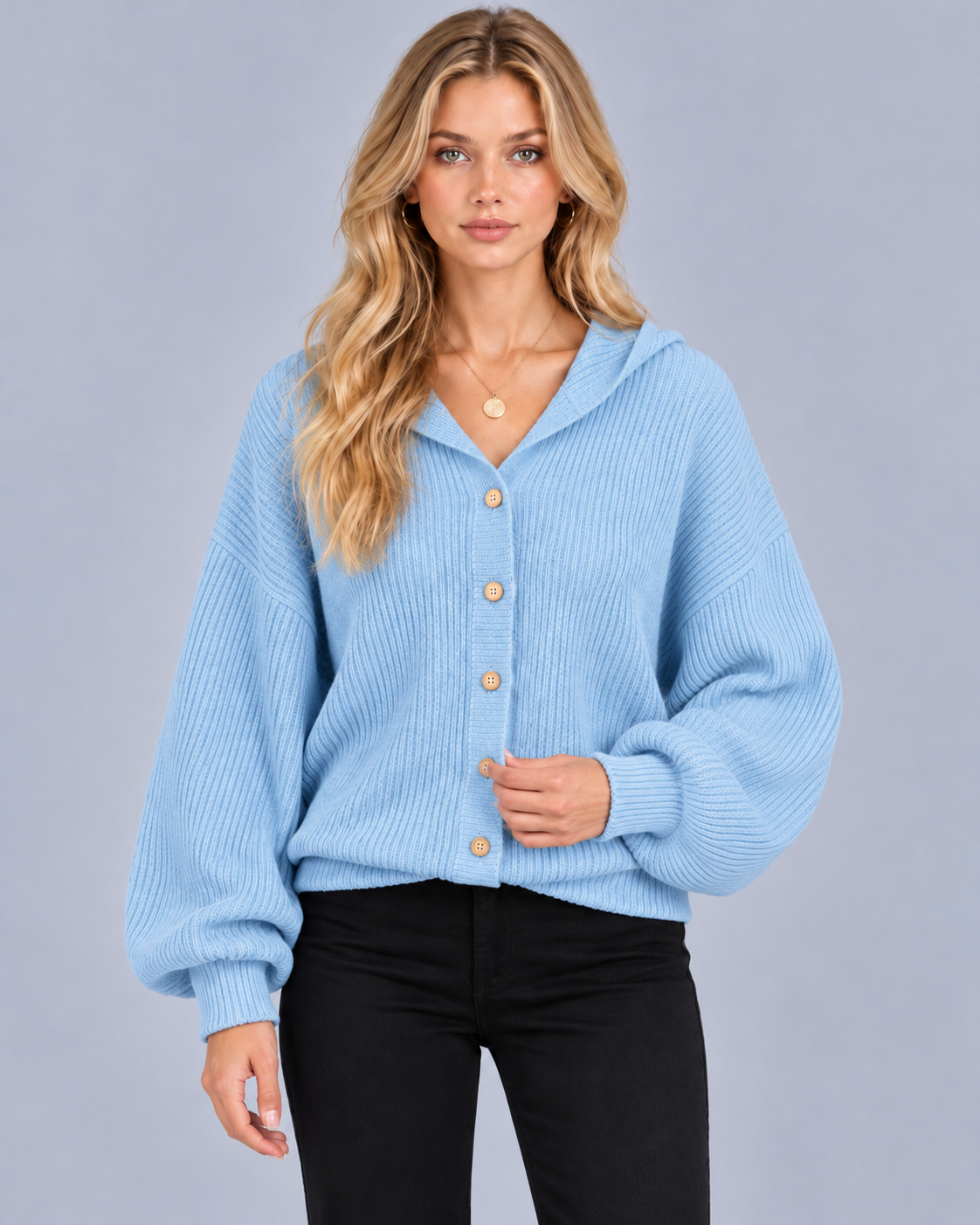 Women's Hooded Ribbed Knit Cardigan | Cotton-Blend Button-Up Cardigan with Balloon Sleeves