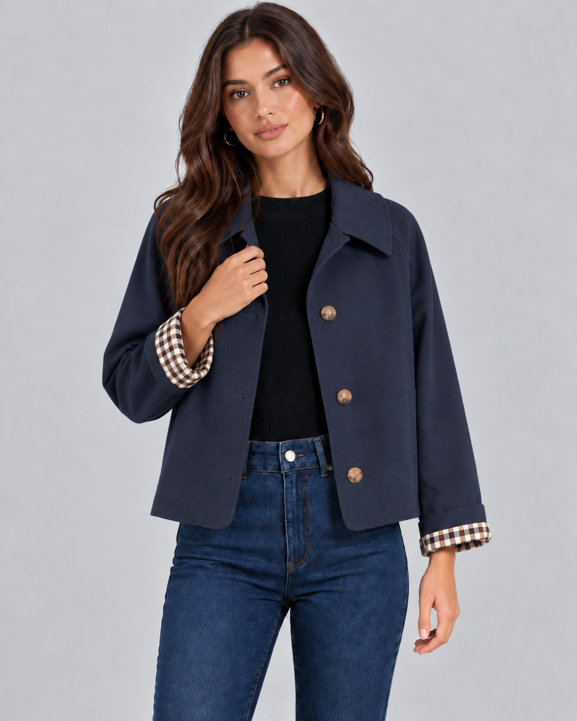 Women's Cropped Trench Jacket with Plaid Lining