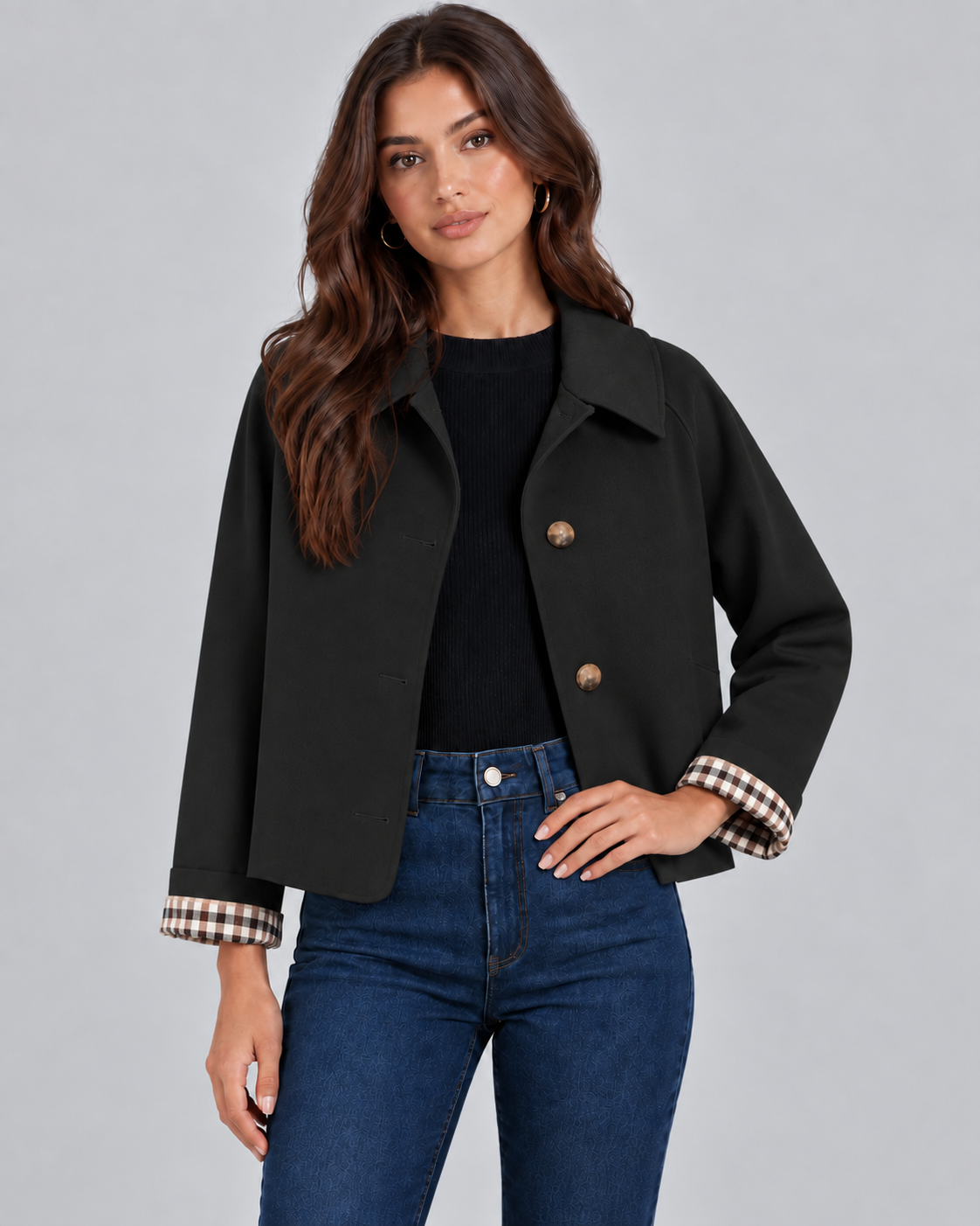Women's Cropped Trench Jacket with Plaid Lining