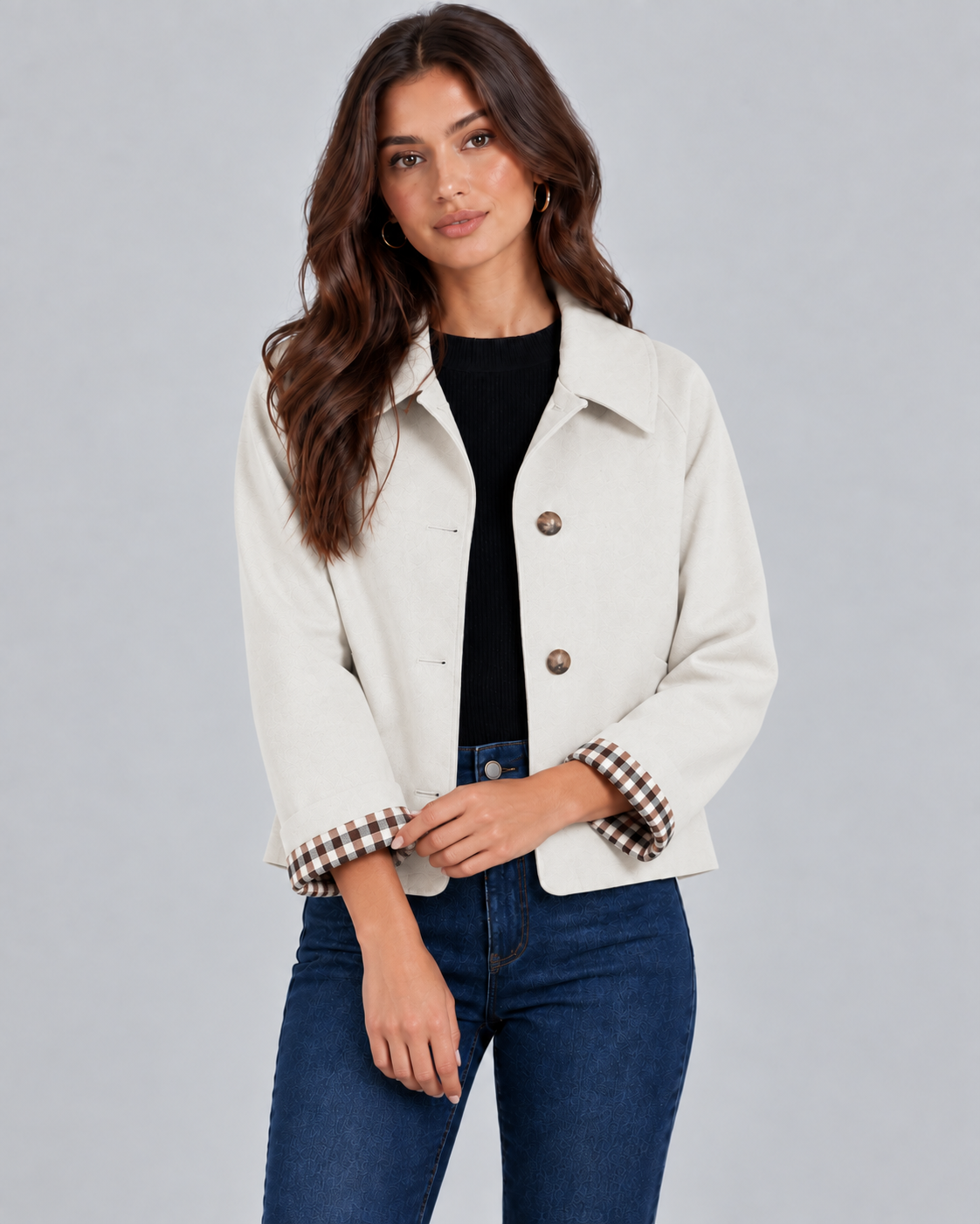 Women's Cropped Trench Jacket with Plaid Lining