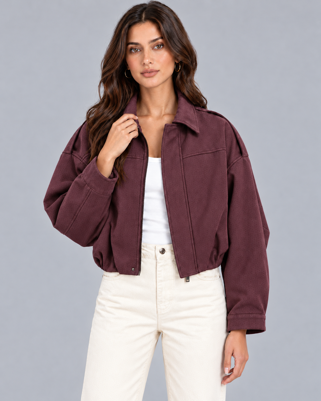 Women's Oversized Suede Bomber Jacket with Zip Front and Drop Shoulders