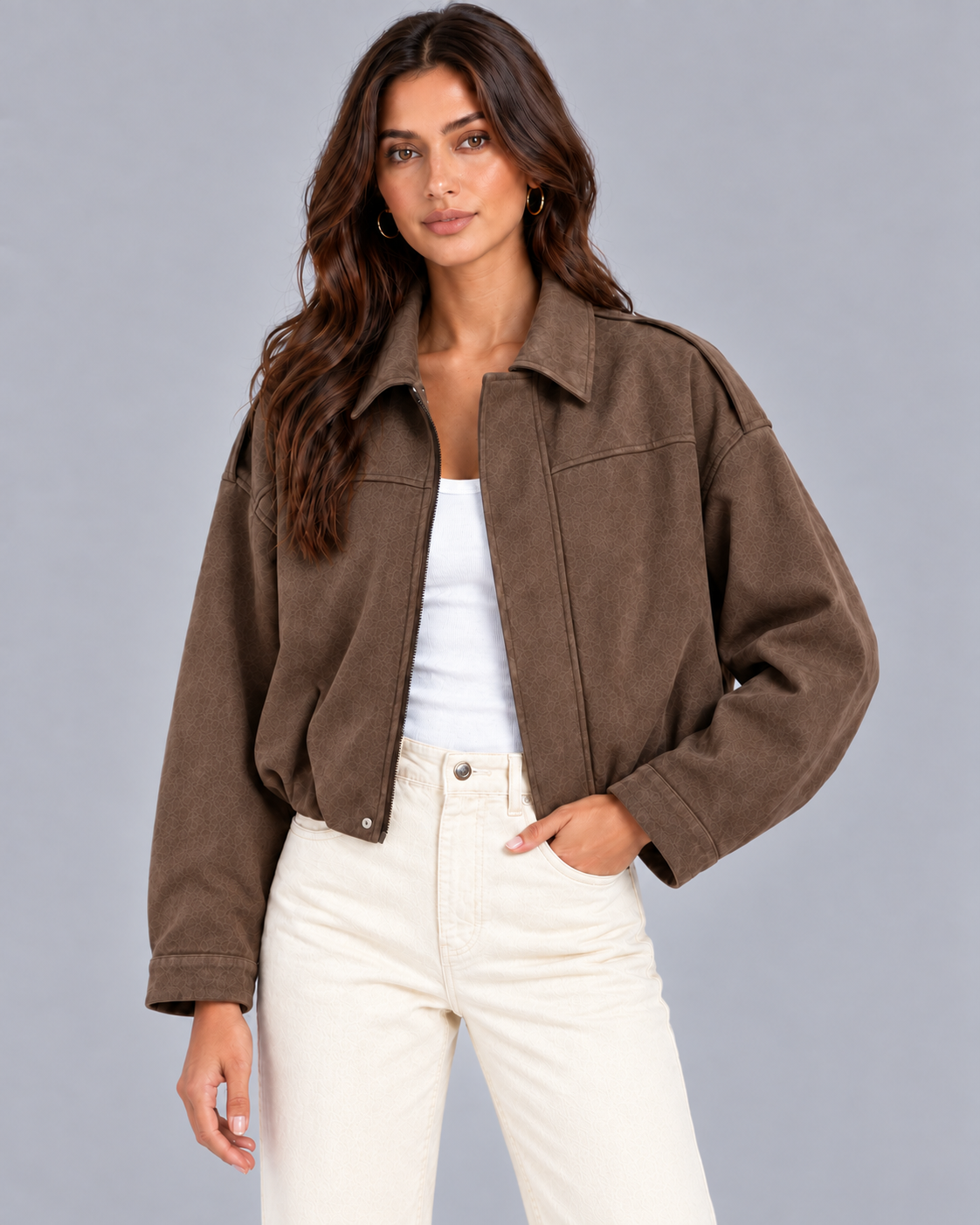 Women's Oversized Suede Bomber Jacket with Zip Front and Drop Shoulders
