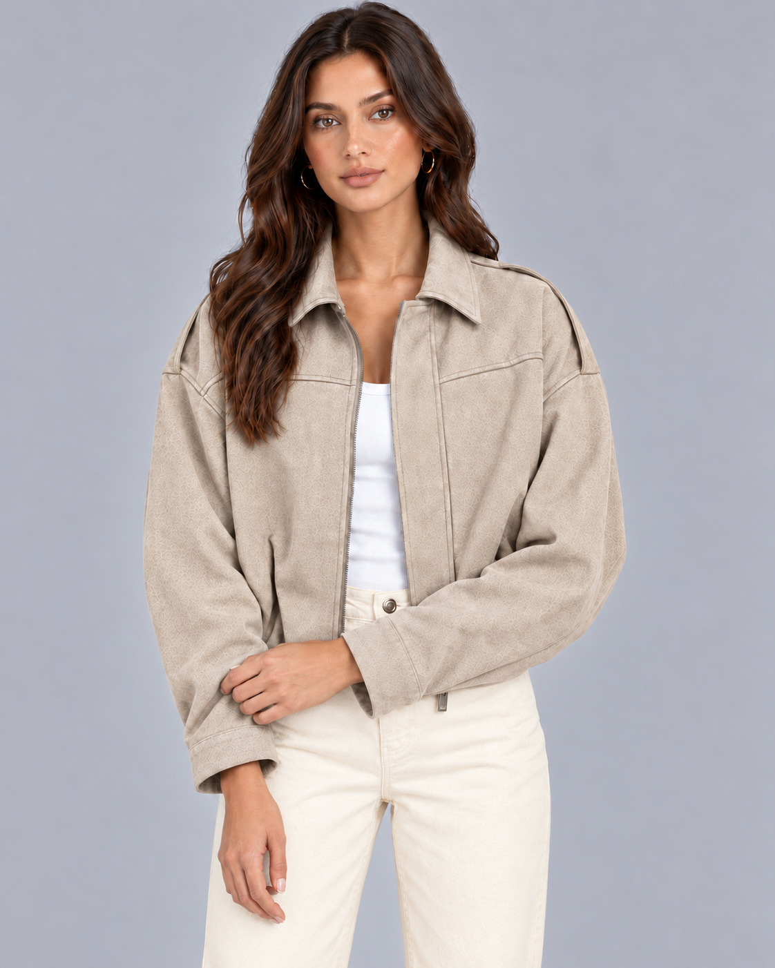Women's Oversized Suede Bomber Jacket with Zip Front and Drop Shoulders