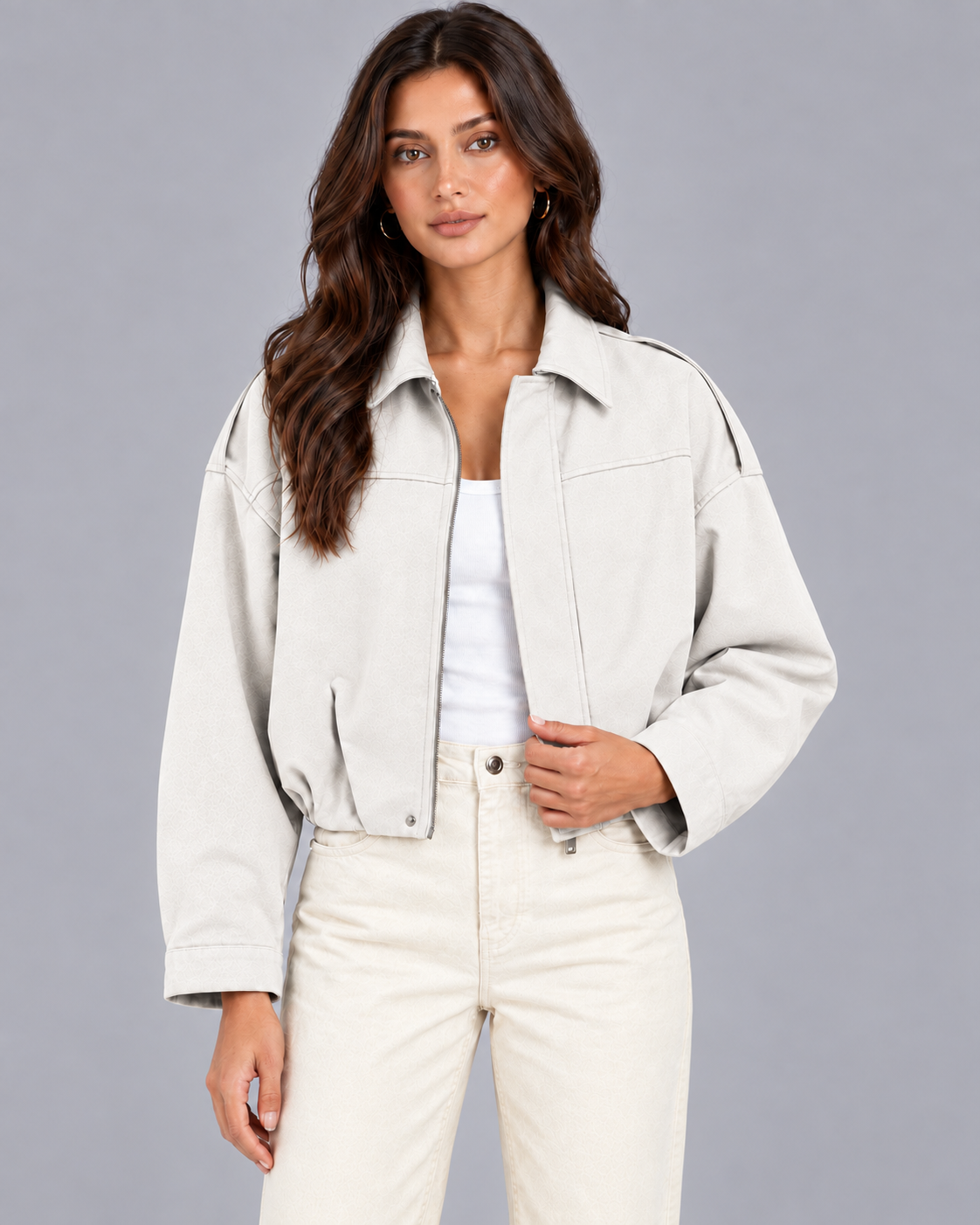 Women's Oversized Suede Bomber Jacket with Zip Front and Drop Shoulders
