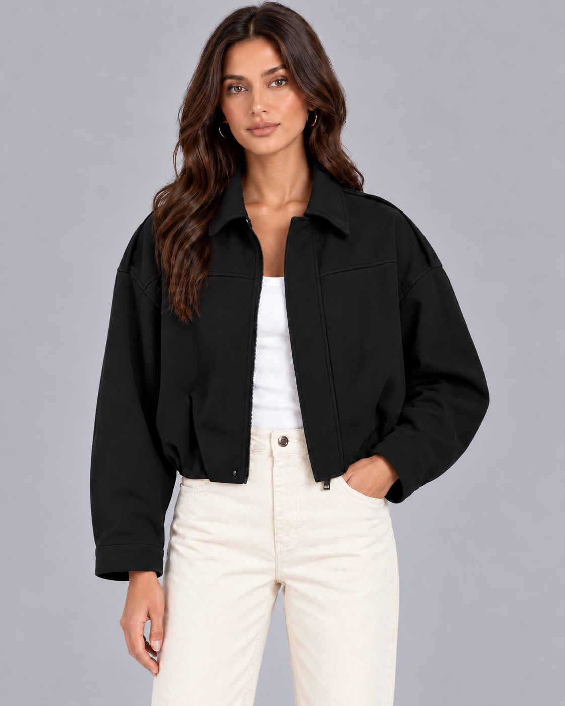 Women's Oversized Suede Bomber Jacket with Zip Front and Drop Shoulders