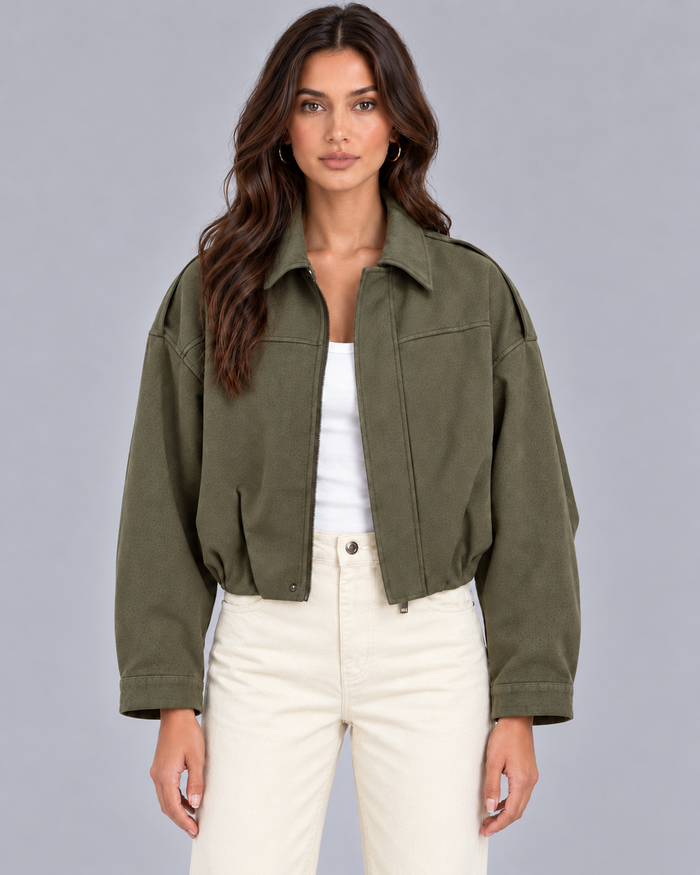 Women's Oversized Suede Bomber Jacket with Zip Front and Drop Shoulders