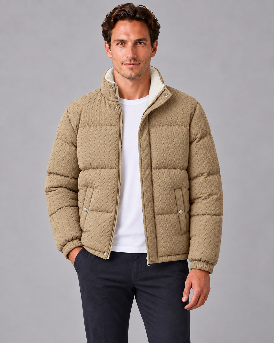 Men's Textured Full Zip Puffer Jacket | Soft Fleece Winter Coat