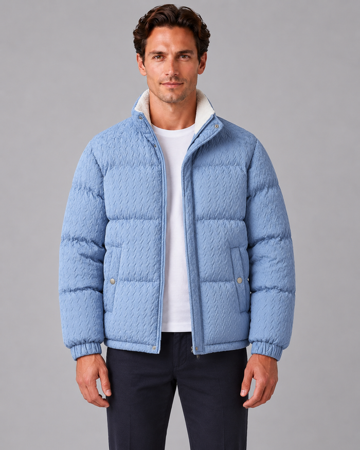 Men's Textured Full Zip Puffer Jacket | Soft Fleece Winter Coat