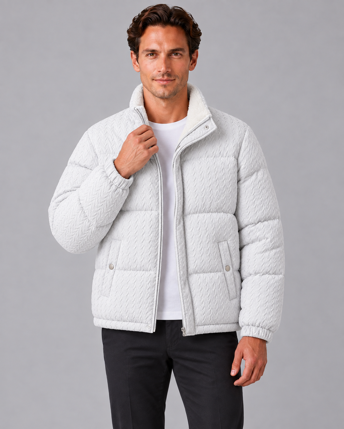 Men's Textured Full Zip Puffer Jacket | Soft Fleece Winter Coat
