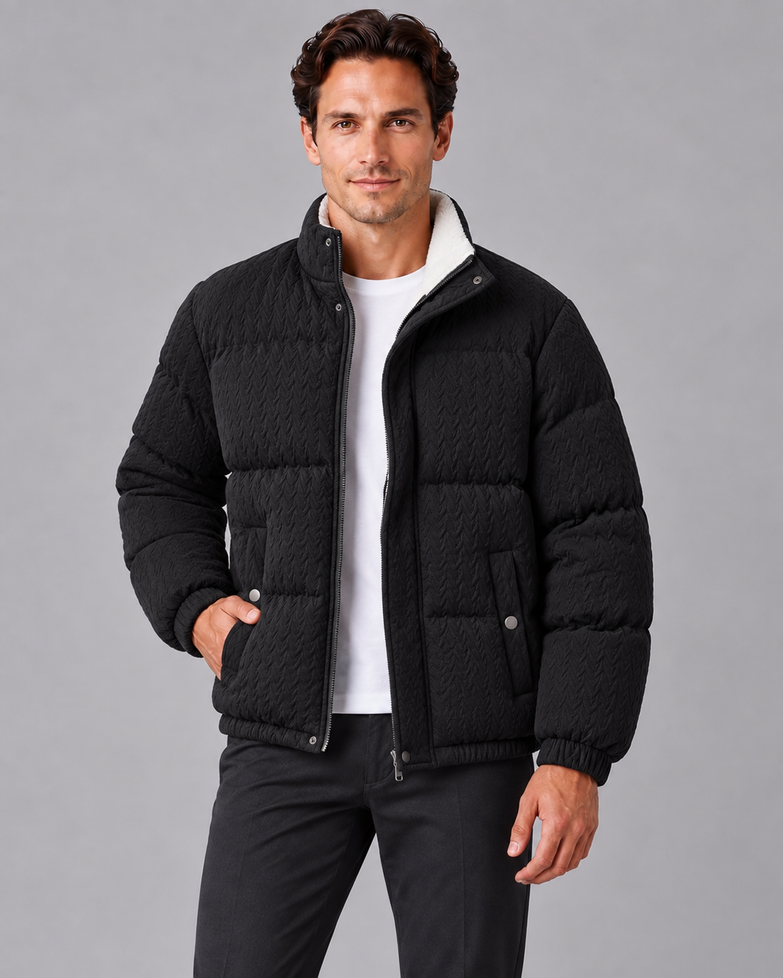 Men's Textured Full Zip Puffer Jacket | Soft Fleece Winter Coat