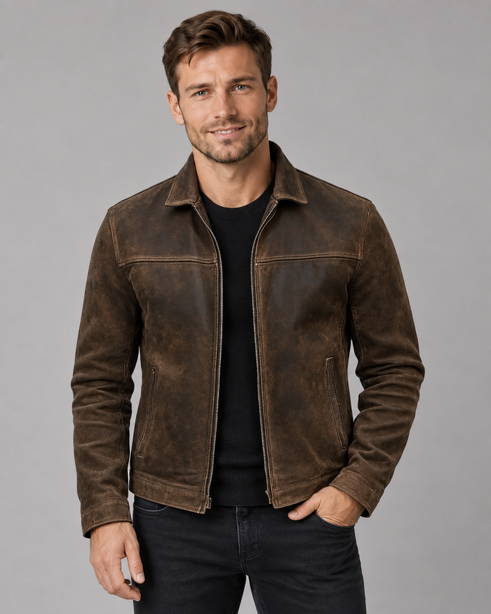 Men's Classic Leather Jacket | Full-length front zipper