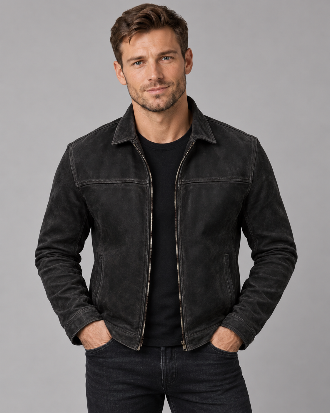 Men's Classic Leather Jacket | Full-length front zipper