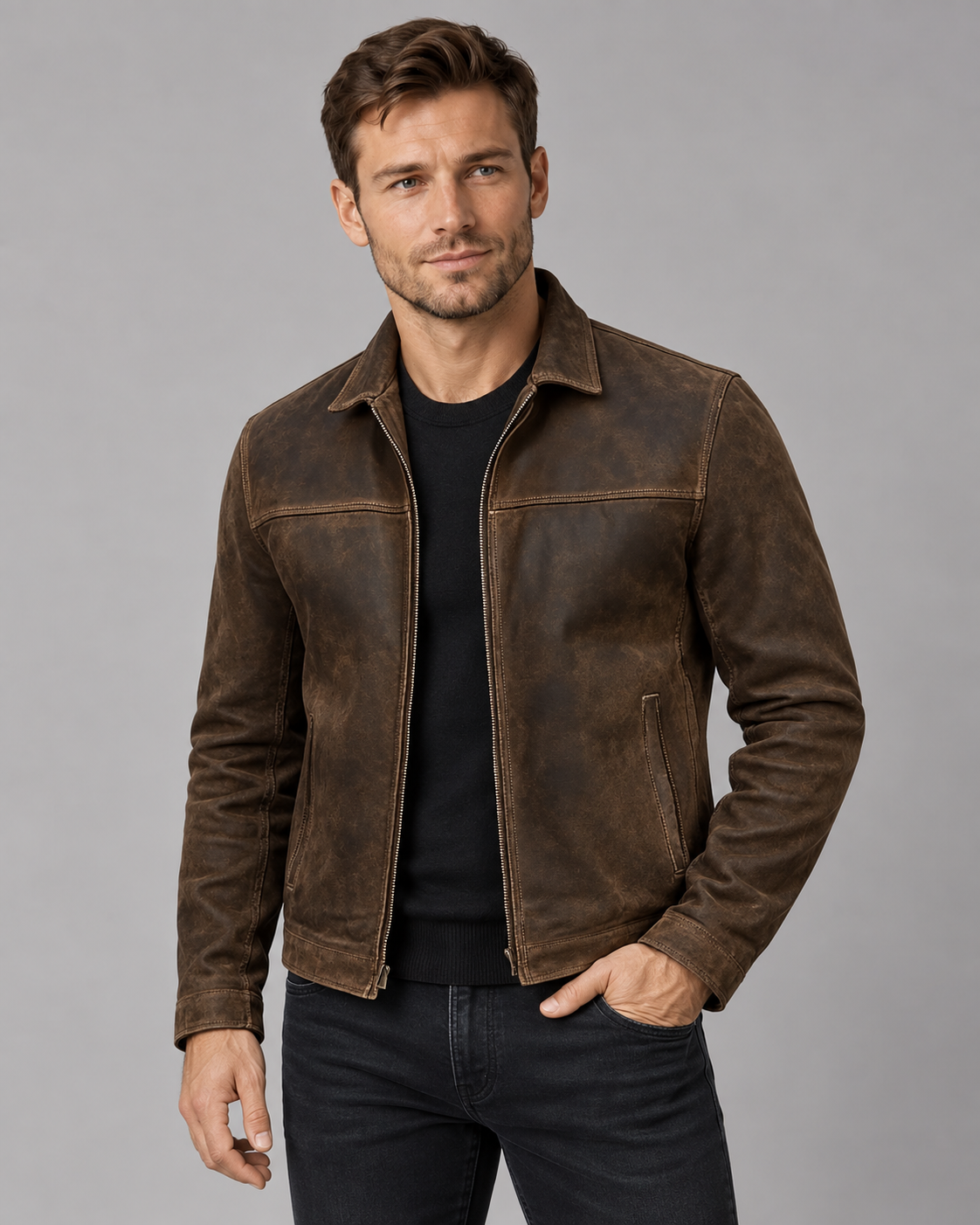 Men's Classic Leather Jacket | Full-length front zipper
