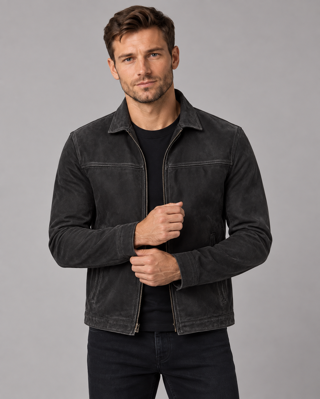 Men's Classic Leather Jacket | Full-length front zipper
