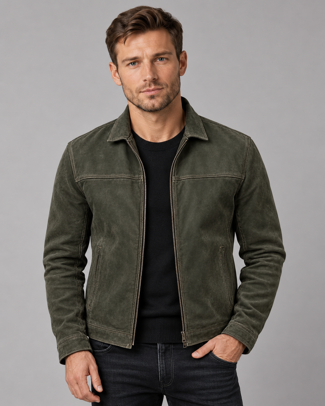 Men's Classic Leather Jacket | Full-length front zipper