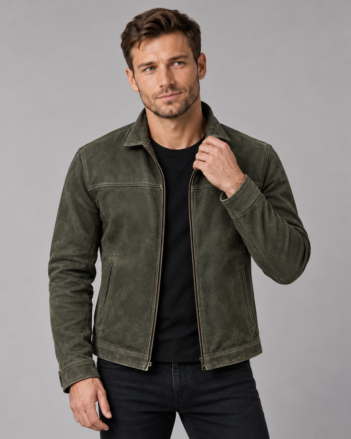 Men's Classic Leather Jacket | Full-length front zipper