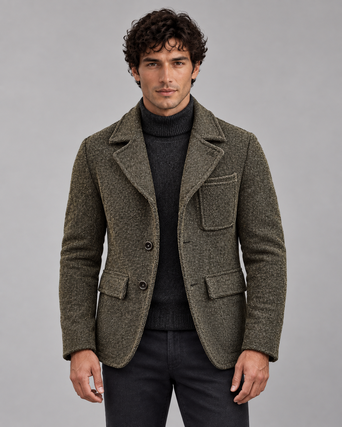 Men's Wool Button-Up Jacket with Tailored Collar