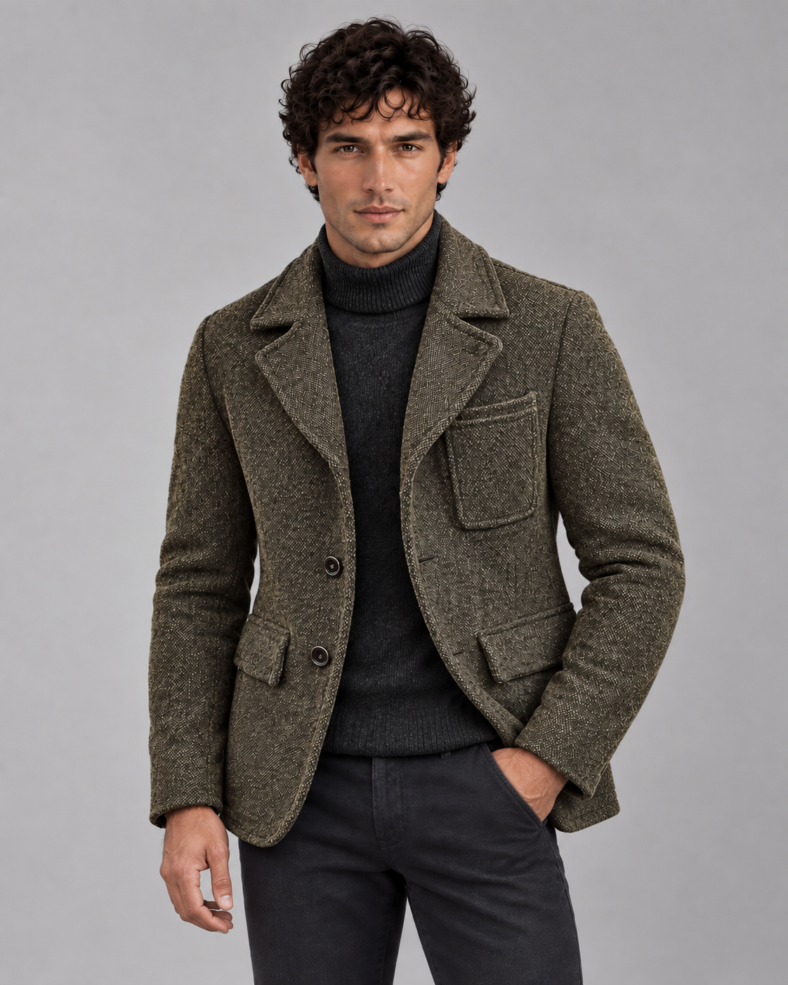 Men's Wool Button-Up Jacket with Tailored Collar