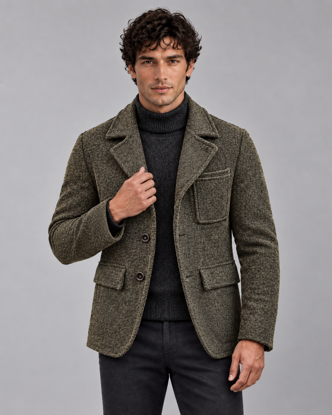 Men's Wool Button-Up Jacket with Tailored Collar