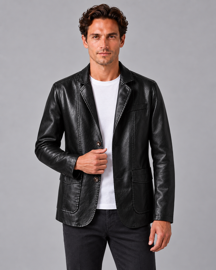 Men's Leather-Look Jacket with Button-Up Front