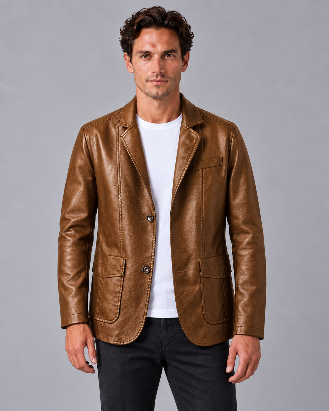 Men's Leather-Look Jacket with Button-Up Front
