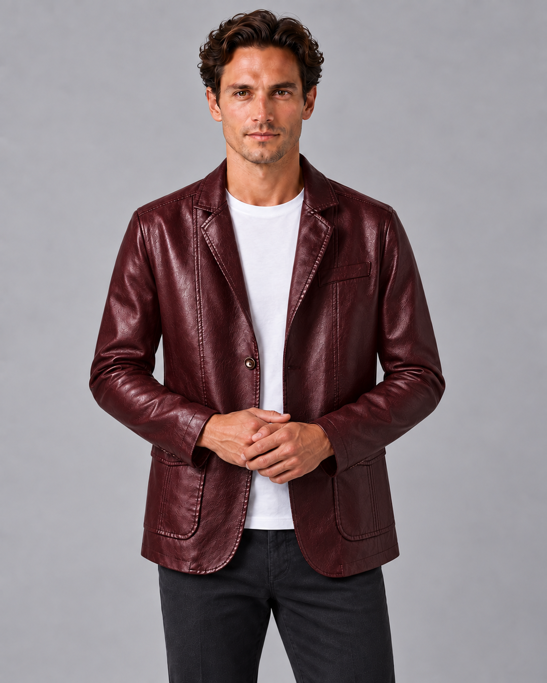 Men's Leather-Look Jacket with Button-Up Front