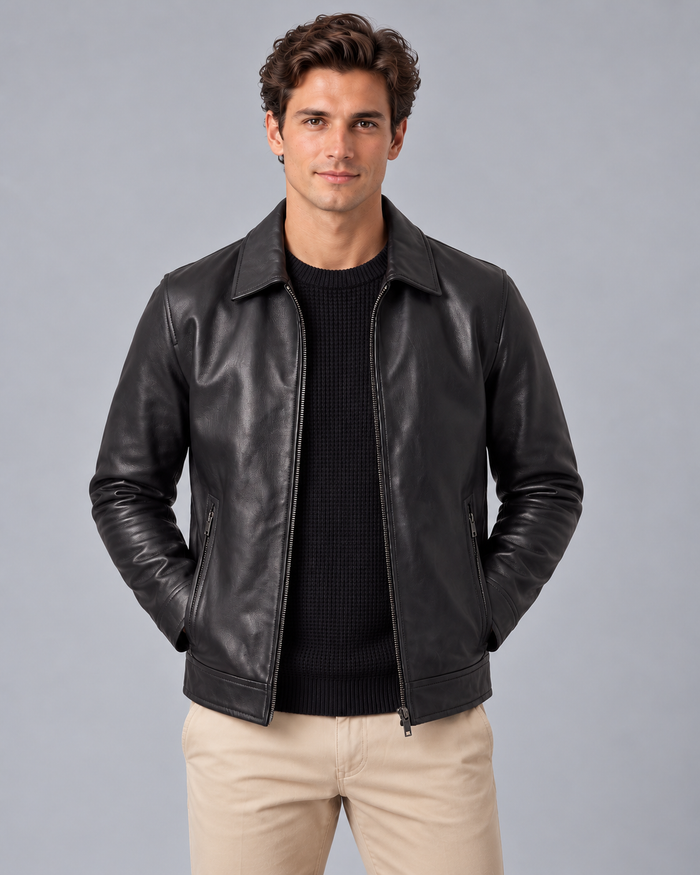 Men's Leather-Look Jacket with Zip-Up Front